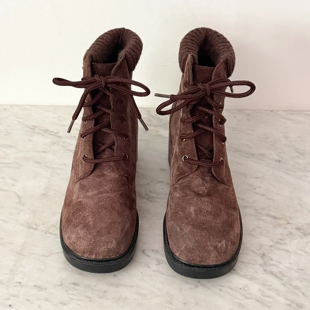 Links Suede Ankle Boots Knit Collar Lace Up Brown Chunky Block Heel Lug Sole 8.5